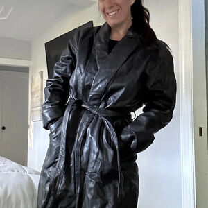 Genuine Leather Trench Coat Long Jacket Belted Pockets Black Women's Size mall
